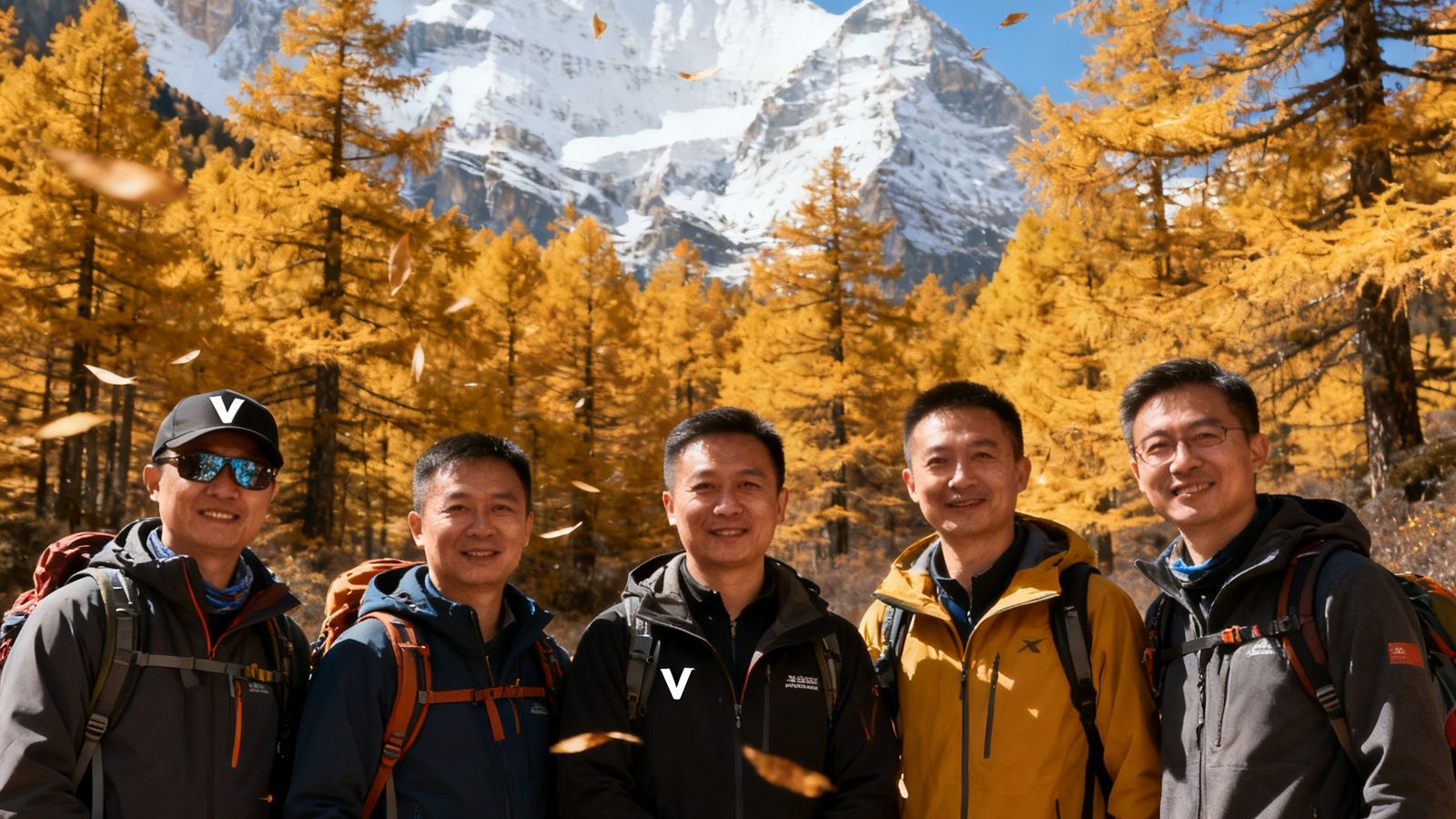 V体育创始团队五人在川西稻城亚丁徒步探线时的合影，背景是秋季金黄色的落叶松林和远处洁白的雪山