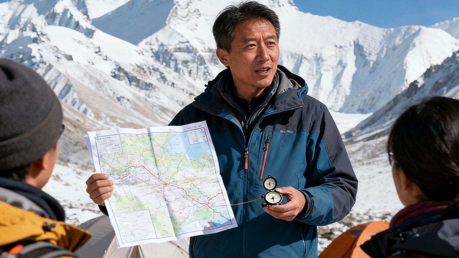 资深户外领队王教练在雪山营地为队员讲解安全知识，手中拿着地图和指南针，身后是巍峨的雪山背景
