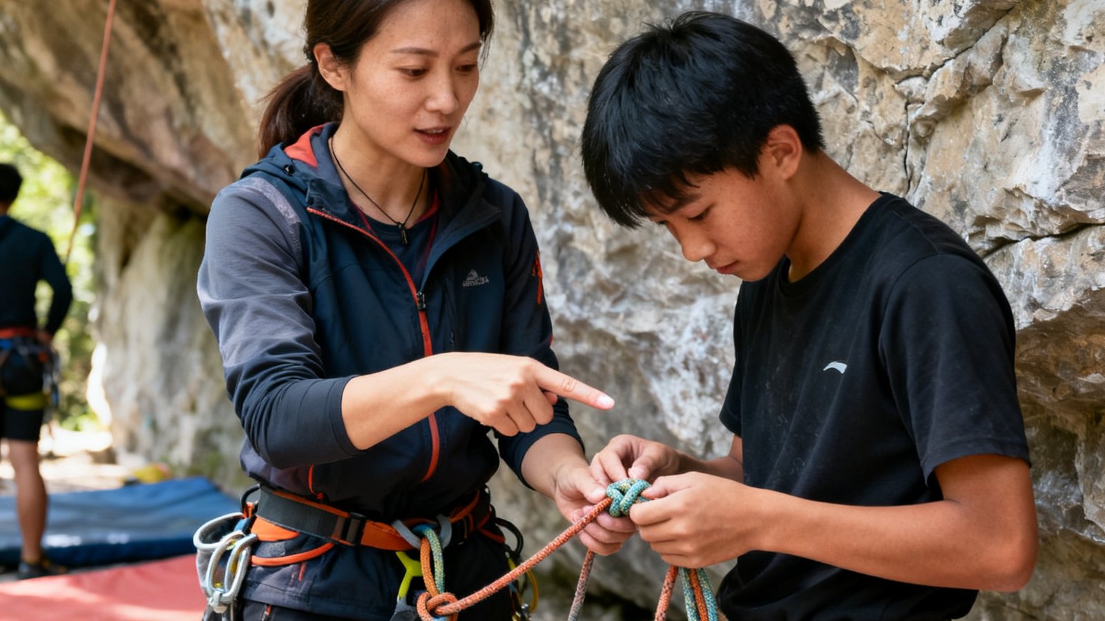 女性攀岩教练李向导在岩壁下指导学员正确使用绳索，学员专注地学习打结技巧